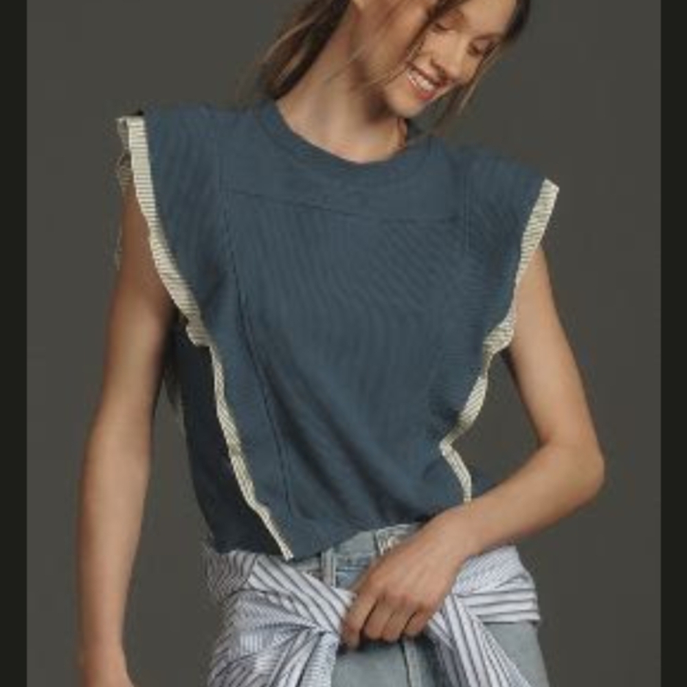 Anthropologie Ribbed Frill-Sleeve Blouse